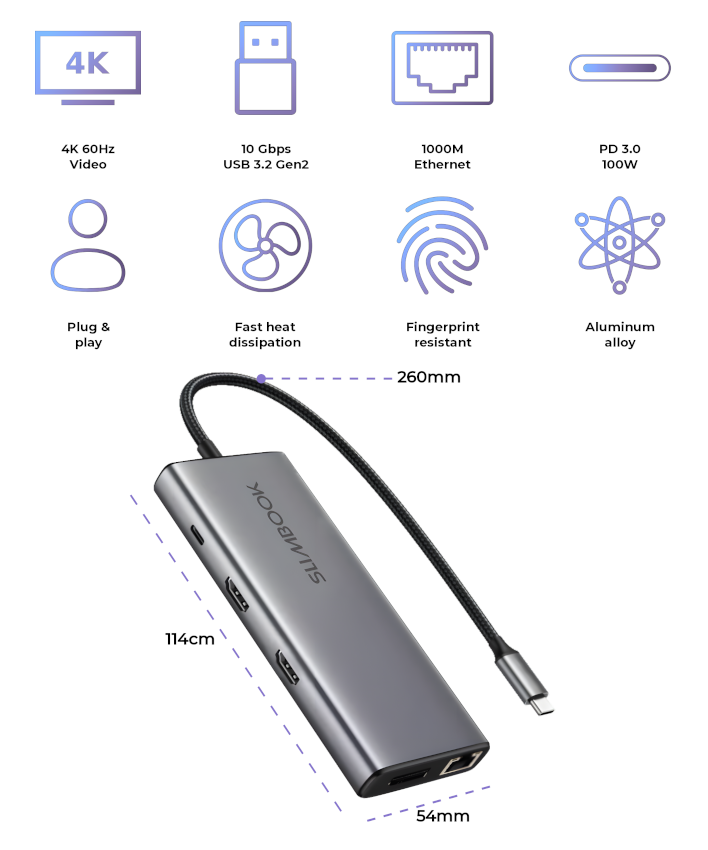 Mini-Docking 8 en 1 USB-C a (2x)HDMI 4K60Hz+DP Carga 100W RJ45 Gigalan (dongle hub)
