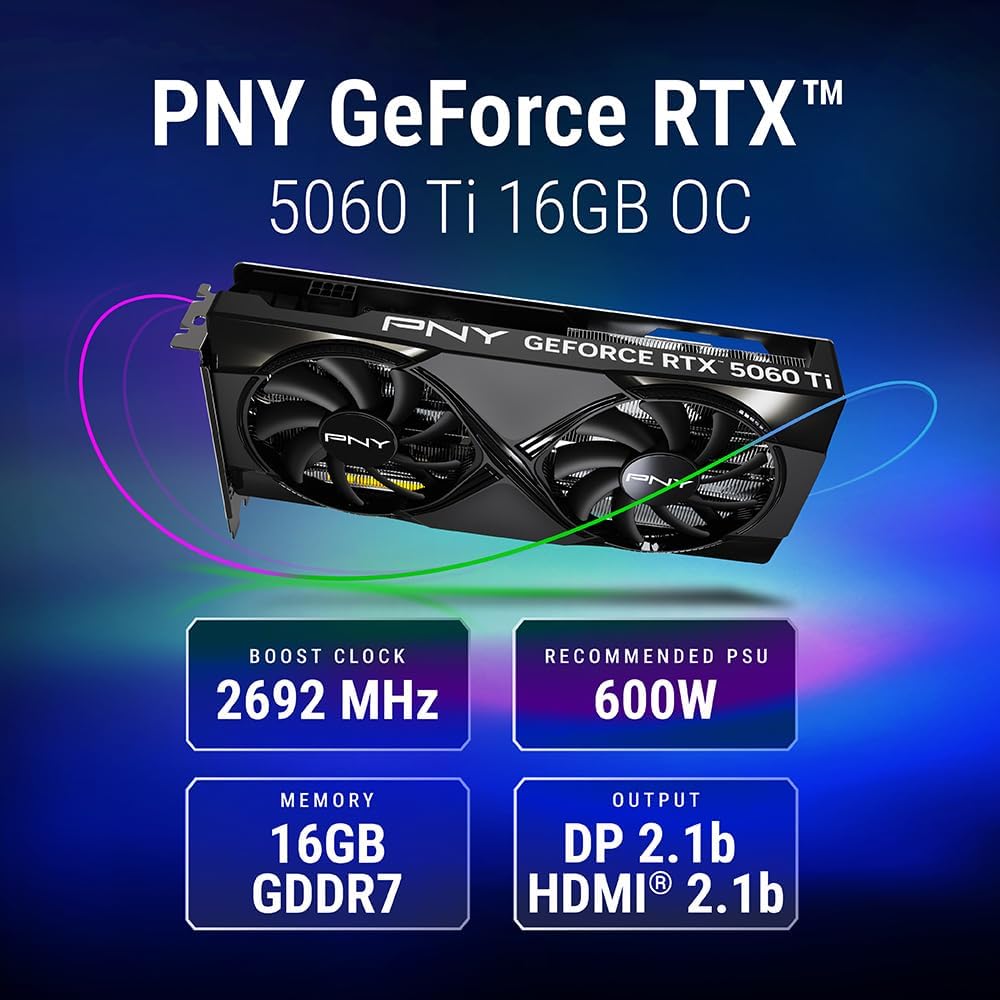 Tarjeta Gráfica PNY GeForce RTX 5060 Ti Overclocked Dual Fan 16GB GDDR7 Reflex 2 RTX AI DLSS4